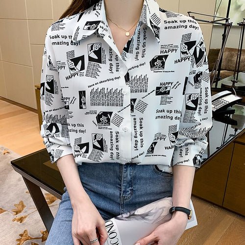 2021 Autumn New Style Korean Printed Chiffon Shirt Fashion Casual Loose Retro Blouses Elegant Slim Office Lady Tops