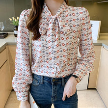 Load image into Gallery viewer, 2021 Autumn New Style Korean Women&#39;s Chiffon Shirt Fashion Casual Long Sleeved Printed Bow Tie Blouses or Tops for Women