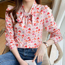 Load image into Gallery viewer, 2021 Autumn New Style Korean Women&#39;s Chiffon Shirt Fashion Casual Long Sleeved Printed Bow Tie Blouses or Tops for Women