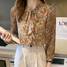 Load image into Gallery viewer, 2021 Autumn New Women Chiffon Shirt Fashion Long Sleeved Retro Floral Bow Printed Blouses Elegant Slim Office Lady Tops