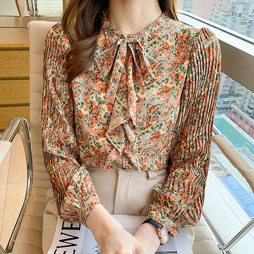2021 Autumn New Women Chiffon Shirt Fashion Long Sleeved Retro Floral Bow Printed Blouses Elegant Slim Office Lady Tops