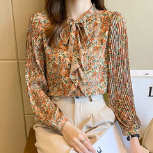 Load image into Gallery viewer, 2021 Autumn New Women Chiffon Shirt Fashion Long Sleeved Retro Floral Bow Printed Blouses Elegant Slim Office Lady Tops