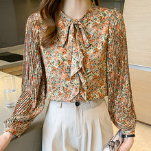 Load image into Gallery viewer, 2021 Autumn New Women Chiffon Shirt Fashion Long Sleeved Retro Floral Bow Printed Blouses Elegant Slim Office Lady Tops