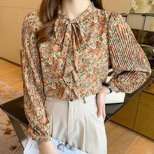 Load image into Gallery viewer, 2021 Autumn New Women Chiffon Shirt Fashion Long Sleeved Retro Floral Bow Printed Blouses Elegant Slim Office Lady Tops
