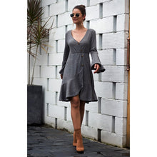 Load image into Gallery viewer, 2021 Autumn New Women&#39;s Fashion Casual Solid Deep V Neck Flare Long Sleeve Buttons Ruffles Empire Mini Dress Ladies Slim Basic
