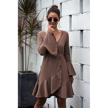 Load image into Gallery viewer, 2021 Autumn New Women&#39;s Fashion Casual Solid Deep V Neck Flare Long Sleeve Buttons Ruffles Empire Mini Dress Ladies Slim Basic