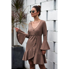 Load image into Gallery viewer, 2021 Autumn New Women&#39;s Fashion Casual Solid Deep V Neck Flare Long Sleeve Buttons Ruffles Empire Mini Dress Ladies Slim Basic