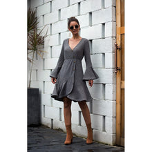 Load image into Gallery viewer, 2021 Autumn New Women&#39;s Fashion Casual Solid Deep V Neck Flare Long Sleeve Buttons Ruffles Empire Mini Dress Ladies Slim Basic