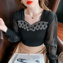 Load image into Gallery viewer, 2021 Autumn New Women&#39;s T-Shirt Fashion Casual Long Sleeve Square Collar Hot Drilling Mesh Tops Plus Size Women Clothing