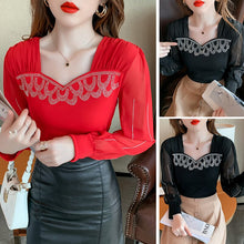 Load image into Gallery viewer, 2021 Autumn New Women&#39;s T-Shirt Fashion Casual Long Sleeve Square Collar Hot Drilling Mesh Tops Plus Size Women Clothing