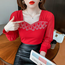 Load image into Gallery viewer, 2021 Autumn New Women&#39;s T-Shirt Fashion Casual Long Sleeve Square Collar Hot Drilling Mesh Tops Plus Size Women Clothing