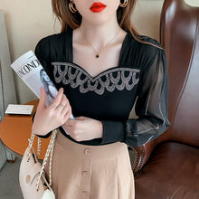 Load image into Gallery viewer, 2021 Autumn New Women&#39;s T-Shirt Fashion Casual Long Sleeve Square Collar Hot Drilling Mesh Tops Plus Size Women Clothing