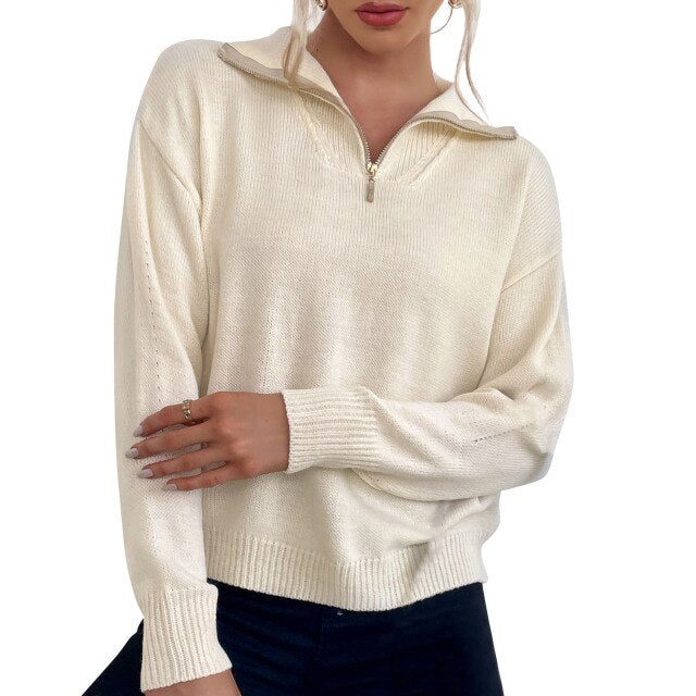 2021 Autumn Oversized Sweater Women Knitted Pullover Sweater Zipper Long Sleeve Slim Jumper Soft Winter Warm Pullover Femme