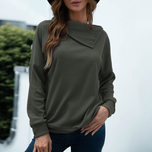 2021 Autumn Pullovers Solid Warm Turn-down Collar Long Sleeves Waffle-knit Comfy Tunic Sweatshirts Casual Loose Solid Color Tops