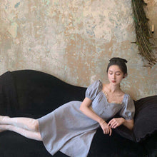 Load image into Gallery viewer, 2021 Autumn Square Collar Retro French Dress Summer Embroidery Stitching Puff Sleeve Palace Style Cream Blue Princess Dress