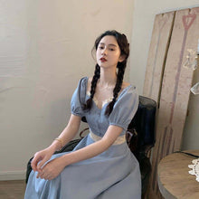 Load image into Gallery viewer, 2021 Autumn Square Collar Retro French Dress Summer Embroidery Stitching Puff Sleeve Palace Style Cream Blue Princess Dress