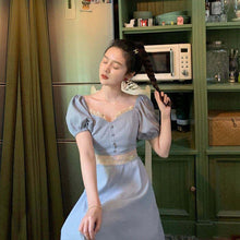 Load image into Gallery viewer, 2021 Autumn Square Collar Retro French Dress Summer Embroidery Stitching Puff Sleeve Palace Style Cream Blue Princess Dress