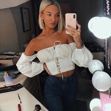 Load image into Gallery viewer, 2021 Autumn Summer Tees T Shirt Women Tops Fashion Solid Color Single-breasted Long Sleeve Slash Neck Sexy Club Women T-shirts