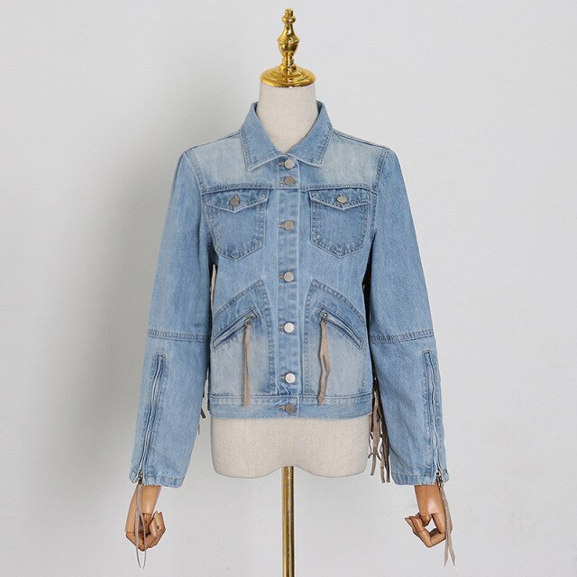 2021 Autumn Tassel Jeans Patchwork Fringe Oversized Jean Jacket Women Fashion Long Sleeve Punk Cropped Denim Coat Gothic Clothes