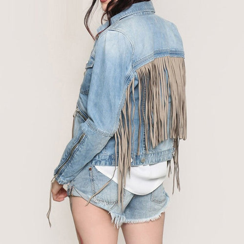 2021 Autumn Tassel Jeans Patchwork Fringe Oversized Jean Jacket Women Fashion Long Sleeve Punk Cropped Denim Coat Gothic Clothes