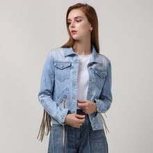 Load image into Gallery viewer, 2021 Autumn Tassel Jeans Patchwork Fringe Oversized Jean Jacket Women Fashion Long Sleeve Punk Cropped Denim Coat Gothic Clothes