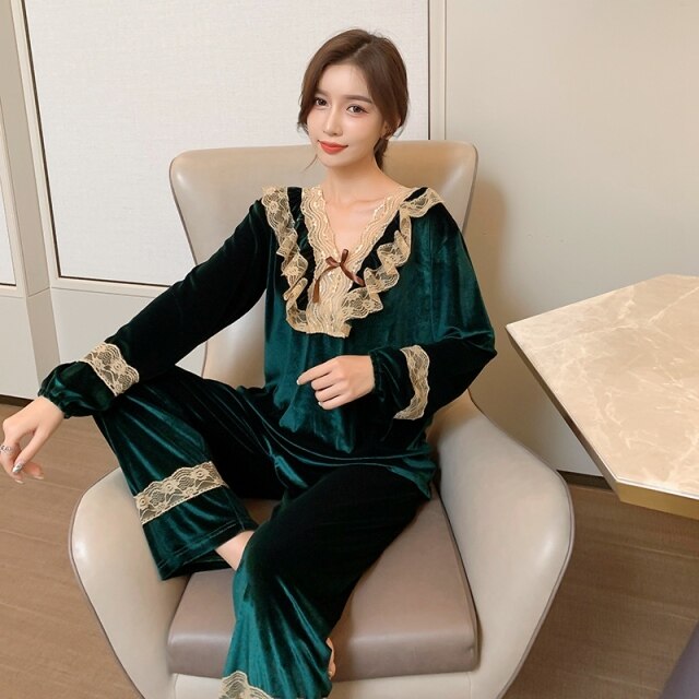 2021 Autumn Winter Gold Velvet Sexy Leopard Lace V-neck Pajama Set for Women Long Sleeve Sleepwear Homewear Pijama Mujer Clothes