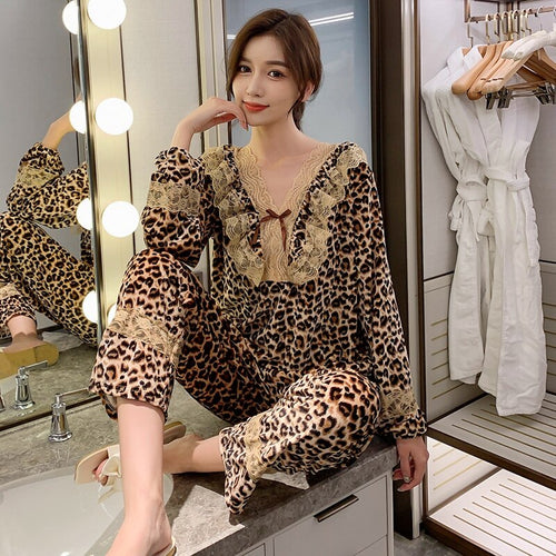 2021 Autumn Winter Gold Velvet Sexy Leopard Lace V-neck Pajama Set for Women Long Sleeve Sleepwear Homewear Pijama Mujer Clothes