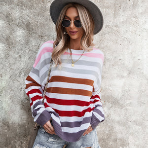 2021 Autumn Winter Long Sleeve Rainbow Striped Pullover Women Sweater Casual Loose Knitted Sweaters O-Neck Pull Jumpers Female