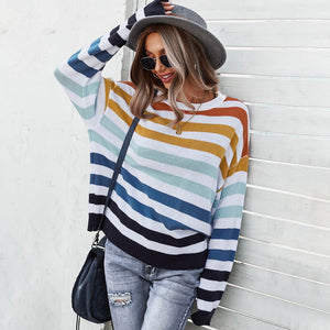 2021 Autumn Winter Long Sleeve Rainbow Striped Pullover Women Sweater Casual Loose Knitted Sweaters O-Neck Pull Jumpers Female