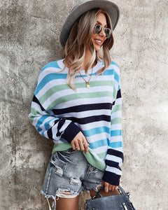 2021 Autumn Winter Long Sleeve Rainbow Striped Pullover Women Sweater Casual Loose Knitted Sweaters O-Neck Pull Jumpers Female
