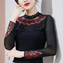 Load image into Gallery viewer, 2021 Autumn Winter Long Sleeve Women&#39;s T-Shirt Fashion Sexy Hollow Out Lace Mesh Tops M-4XL Plus Size Women Clothing