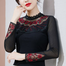 Load image into Gallery viewer, 2021 Autumn Winter Long Sleeve Women&#39;s T-Shirt Fashion Sexy Hollow Out Lace Mesh Tops M-4XL Plus Size Women Clothing