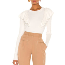 Load image into Gallery viewer, 2021 Autumn Winter New Fashion Temperament Commuter Sweater Women O Neck White Long Sleeve Ruffled Tight Knit Top