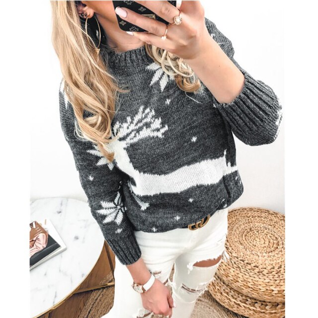2021 Autumn Winter New Women's Sweater European And American Jacquard Christmas Knitted Round Neck Long Sleeved Pullover
