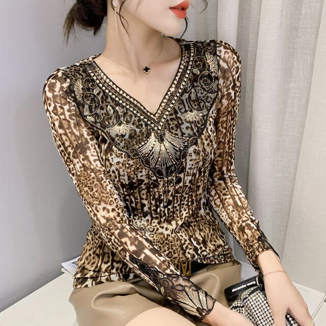 2021 Autumn Winter New Women's T-Shirt Fashion Mesh Stitching Hot Diamond V-Neck Tops Shirt Sexy Hollow Out Leopard tshirt