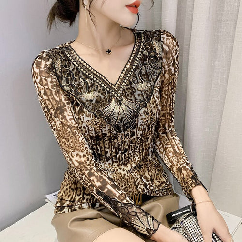 2021 Autumn Winter New Women's T-Shirt Fashion Mesh Stitching Hot Diamond V-Neck Tops Shirt Sexy Hollow Out Leopard tshirt