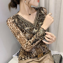 Load image into Gallery viewer, 2021 Autumn Winter New Women&#39;s T-Shirt Fashion Mesh Stitching Hot Diamond V-Neck Tops Shirt Sexy Hollow Out Leopard tshirt