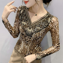 Load image into Gallery viewer, 2021 Autumn Winter New Women&#39;s T-Shirt Fashion Mesh Stitching Hot Diamond V-Neck Tops Shirt Sexy Hollow Out Leopard tshirt