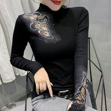 Load image into Gallery viewer, 2021 Autumn Winter New Women&#39;s Tops Shirt Fashion Casual Turtleneck Long Sleeve Hollow Out Hot Drilling Mesh T-Shirt