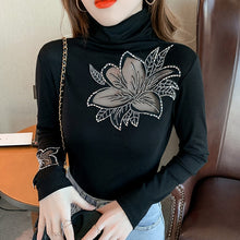 Load image into Gallery viewer, 2021 Autumn Winter New Women&#39;s Tops Shirt Fashion Casual Turtleneck Long Sleeve Hollow Out Hot Drilling Mesh T-Shirt