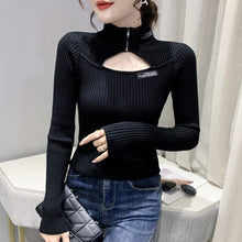 Load image into Gallery viewer, 2021 Autumn Winter Women&#39;s Pullovers Fashion Casual Solid Color Half High Collar Sexy Hollow Knitted Sweater