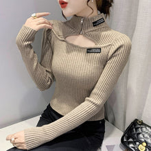 Load image into Gallery viewer, 2021 Autumn Winter Women&#39;s Pullovers Fashion Casual Solid Color Half High Collar Sexy Hollow Knitted Sweater