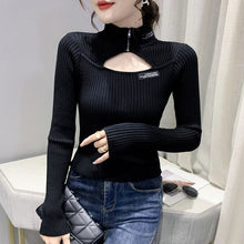 Load image into Gallery viewer, 2021 Autumn Winter Women&#39;s Pullovers Fashion Casual Solid Color Half High Collar Sexy Hollow Knitted Sweater