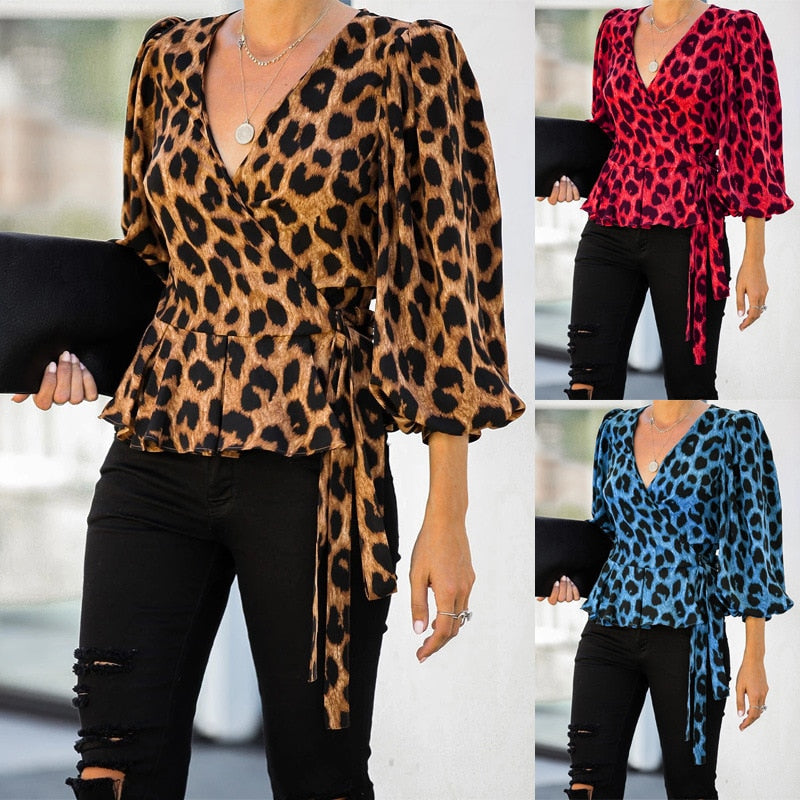 2021 Autumn Women Blouses Elegant Office Tunic Shirt Sexy Deep V-Neck Leopard Print Belted Fashion Tops Ruffles Blusas Femininas