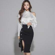 Load image into Gallery viewer, 2021 Autumn Women Sets Korean Style Bow Long Sleeve White Shirt +High Waist Bodycon Pencil Skirt Office OL Suits