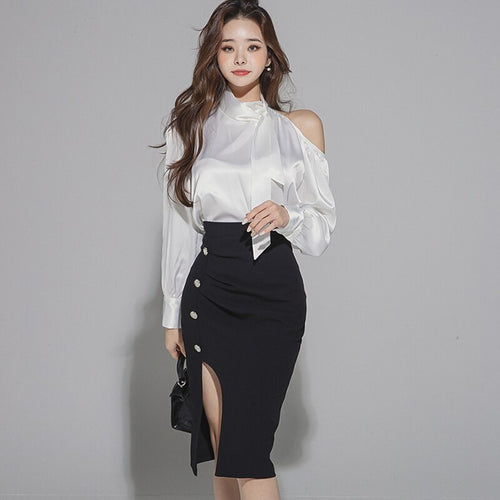 2021 Autumn Women Sets Korean Style Bow Long Sleeve White Shirt +High Waist Bodycon Pencil Skirt Office OL Suits