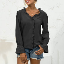 Load image into Gallery viewer, 2021 Autumn Women Solid Blouse Shirt Ruffle Trim Flare Long Sleeve V Neck Button Cute Casual Tops Shirt With Button Easy To Pair