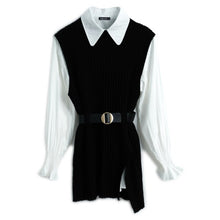 Load image into Gallery viewer, 2021 Autumn and Winter Long Sleeve Turndown Collar Shirt + Split Knitted Vest with Belt Women Fashion Slim 2 Piece Blouses