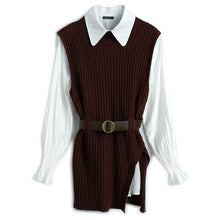 Load image into Gallery viewer, 2021 Autumn and Winter Long Sleeve Turndown Collar Shirt + Split Knitted Vest with Belt Women Fashion Slim 2 Piece Blouses