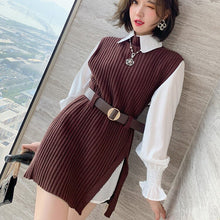 Load image into Gallery viewer, 2021 Autumn and Winter Long Sleeve Turndown Collar Shirt + Split Knitted Vest with Belt Women Fashion Slim 2 Piece Blouses